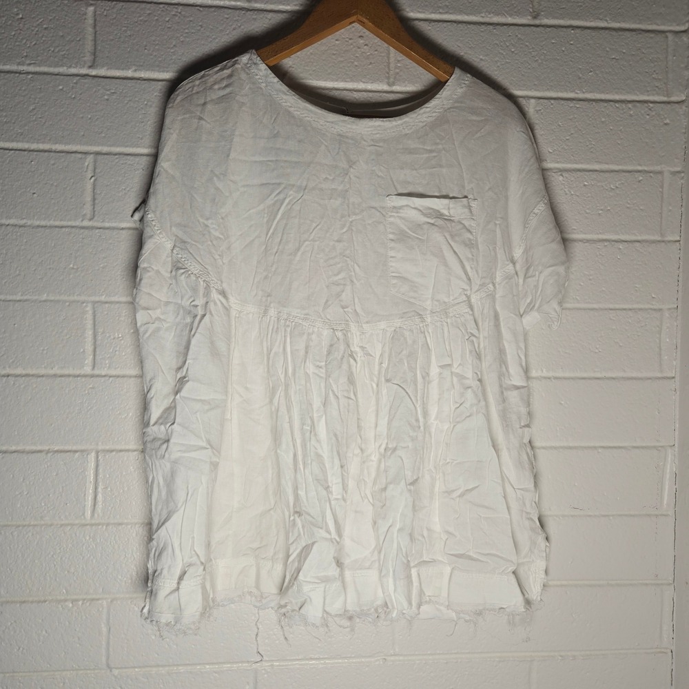 We The Free Women Top White Cotton Gauze Babydoll Raw Hem Oversized Classic M